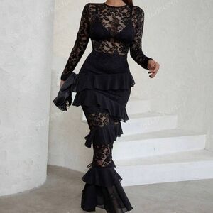 Shein Elegant Black Lace Ruffle Dress